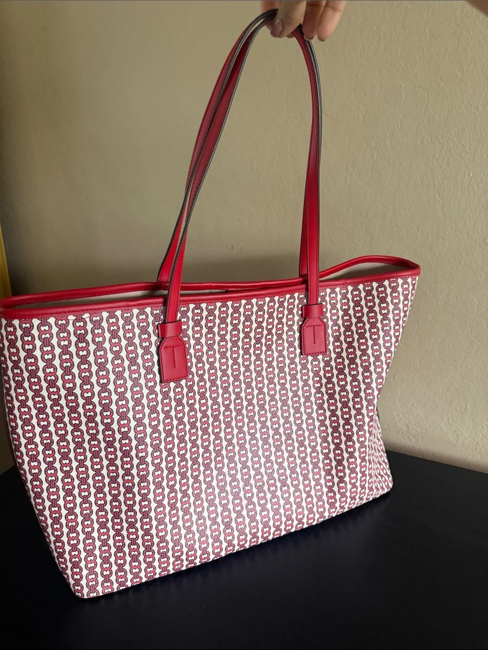 Tory Burch Gemini Link Canvas Tote Bag Red White Striped Like New